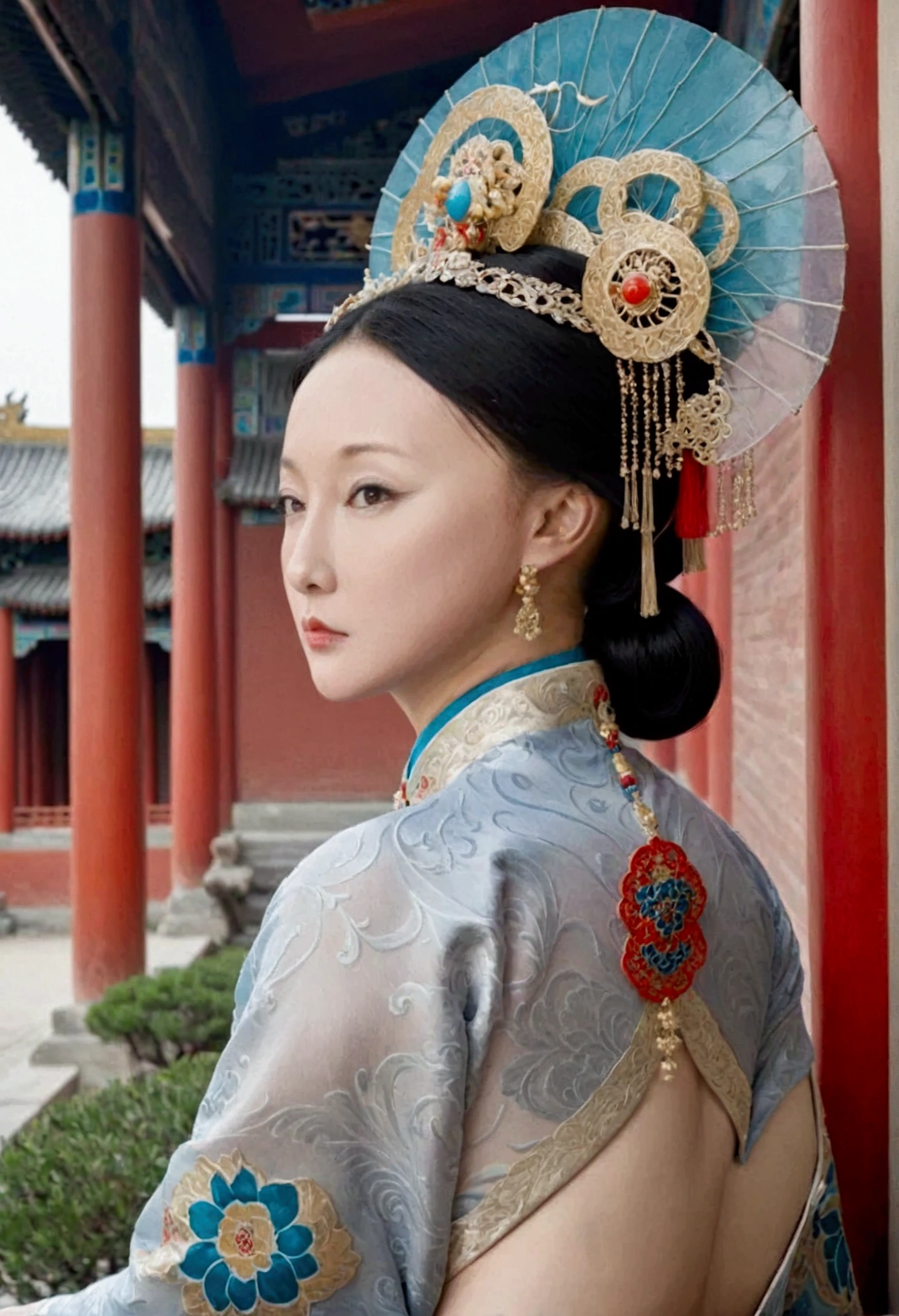 Qing dynasty empress naked and slightly busty, posing on all fours, buttocks protruding from profile, background outside Qing dynasty palace