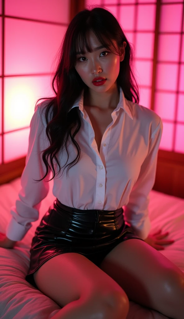 ((Japanese sexy idol))　20 years old　((Plump, bright red lips with lipstick))　round face　Heavy makeup　Big Breasts　Plump　Blonde　((Looking into the camera))　Sit with your legs apart　((White button-up shirt with black patent leather tight skirt and black stockings))　Skin and chest drenched in sweat　　(Sit on the futon with your legs spread open.)　look down　((A bedroom with shoji and tatami mats lit up in pink neon lights))　Shooting from a camera angle seen from the floor