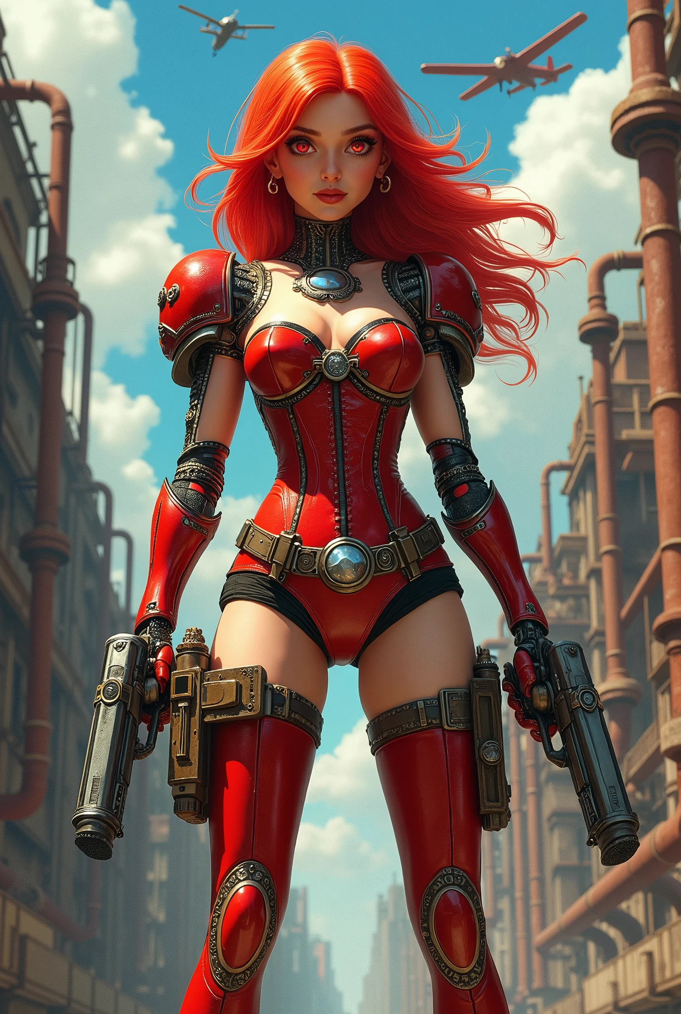 A striking cyborg hybrid! In a steampunk cityscape, viewed from the side, a girl with long, bright red hair and detailed red eyes stands in an action pose. She's adorned with intricate mechanical arms and legs, prosthesis gleaming under the clear blue sky. A stunning red corset accentuates her figure, as she grips two steampunk handguns in holsters attached to a harness. The cityscape stretches into the distance, with steampunk aircraft soaring overhead. In the foreground, a detailed background reveals rusty pipes and steam vents, adding depth to this dynamic scene.