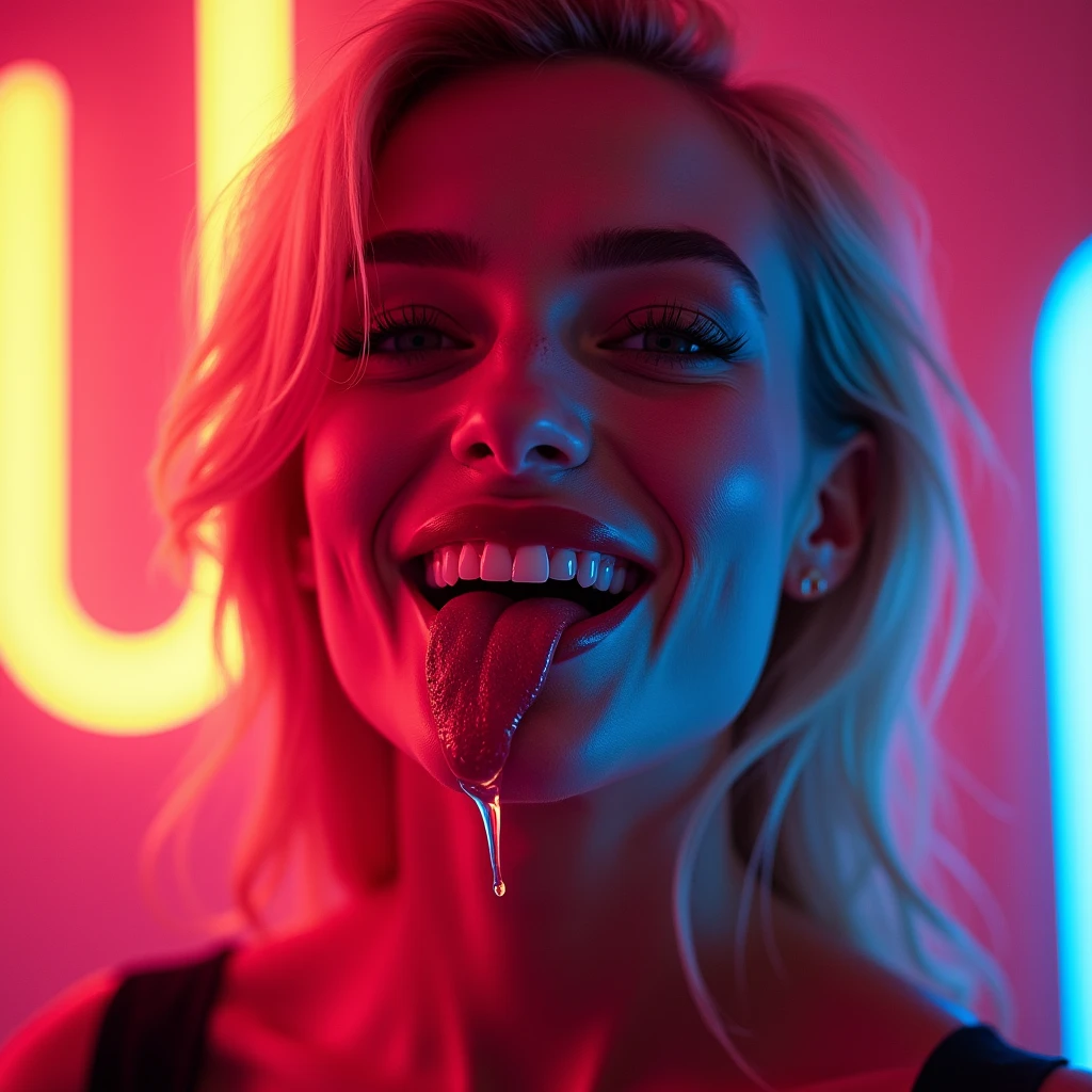 Blond model Sexy seductive face saliva much liquid white on tongue dropping laughing neon eyes bitch
