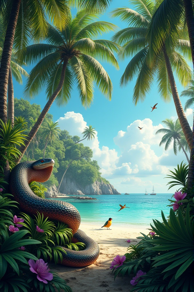 Coconut tree Island lot of birds and a big gaint snake realistic 