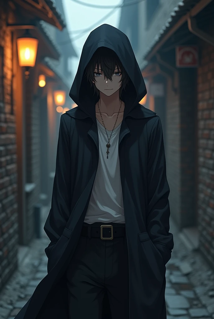 Draw a man who looks like Kirito from Sword Art Online, wearing a tattered hood that hides his eyes. He should be lightly equipped, handsome, and young. Make him thinner, with his eyes hidden by the hood, and give him a more anime-like appearance. Make him look like Kirito from Sword Art Online, but without any equipment, only wearing a hood. Reduce the amount of skin showing on his clothing.