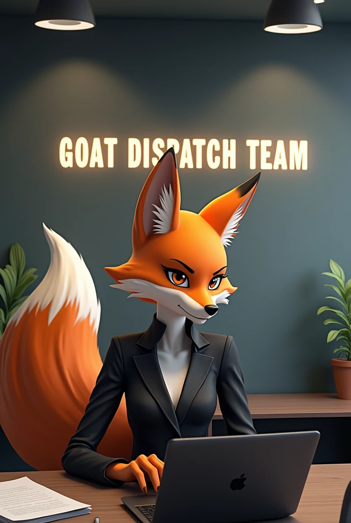Serious fox girl with suit sitting in the office under the letter of "GOAT DISPATCH TEAM"