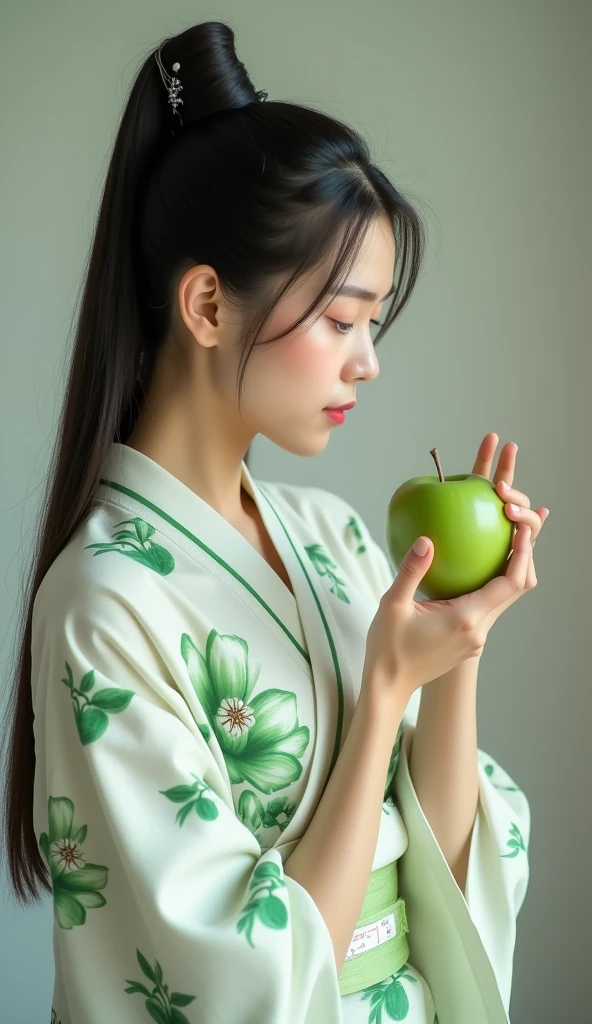 A Japanese woman with long hair tied back, wearing a white isshou with green floral patterns, is holding a green apple., HD, 4k,realistic ,Full Body Angle