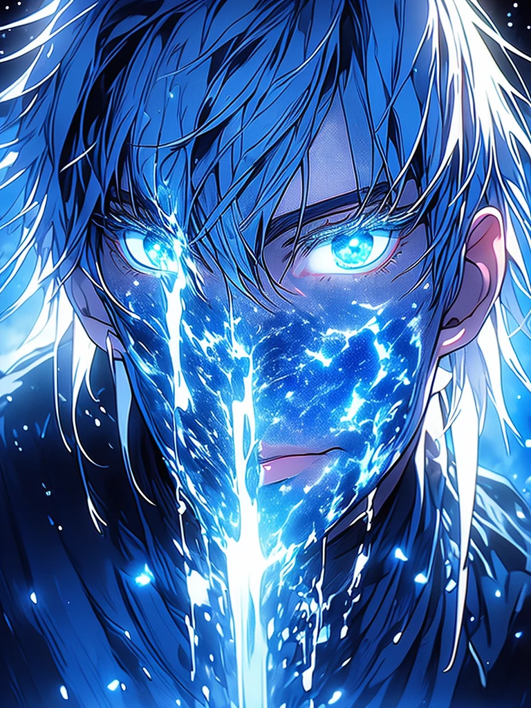 Saturo Gojo, niji style, highest quality, night vision, 1 anime boy, beautiful detailed eyes, beautiful detailed lips, extremely detailed face, longeyela shes, white hair, blue eyes, black and blue outfit, glowing blue aura, detailed intricate background, dark night sky, glowing stars, moonlight, cinematic lighting, volumetric lighting, hyper-realistic, atmospheric, vibrant colors, surreal, dreamlike, fantasy, cinematic composition