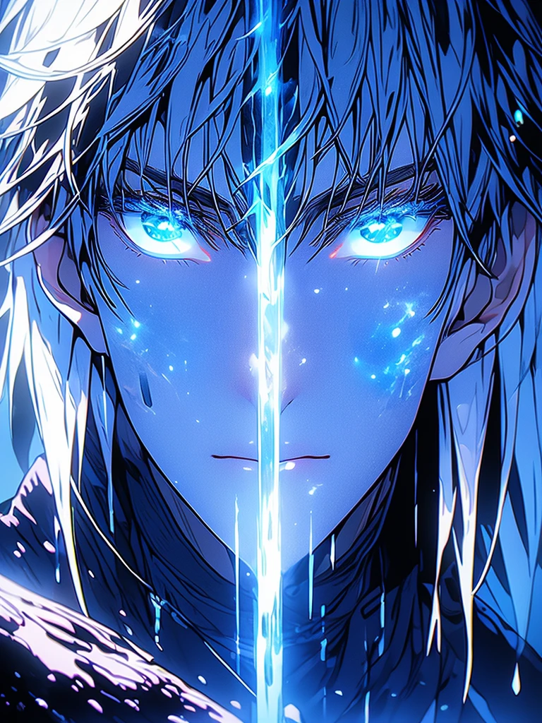 Saturo Gojo, niji style, highest quality, night vision, 1 anime boy, beautiful detailed eyes, beautiful detailed lips, extremely detailed face, longeyela shes, white hair, blue eyes, black and blue outfit, glowing blue aura, detailed intricate background, dark night sky, glowing stars, moonlight, cinematic lighting, volumetric lighting, hyper-realistic, atmospheric, vibrant colors, surreal, dreamlike, fantasy, cinematic composition