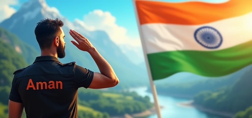 On the right side, a large Indian flag waves proudly, with a Man standing and saluting it. His back is to the viewer, and on the back of his jacket, the name 'Aman' is clearly written. On the left side, a serene landscape with mountains and a flowing river completes the scene, creating a patriotic and picturesque 3D environment looks like Army Man black Colour t-shirt 