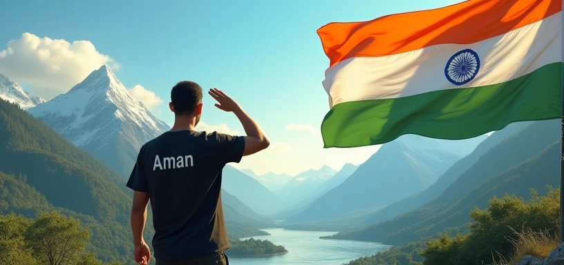 On the right side, a large Indian flag waves proudly, with a Man standing and saluting it. His back is to the viewer, and on the back of his jacket, the name 'Aman' is clearly written. On the left side, a serene landscape with mountains and a flowing river completes the scene, creating a patriotic and picturesque 3D environment looks like Army Man black Colour t-shirt