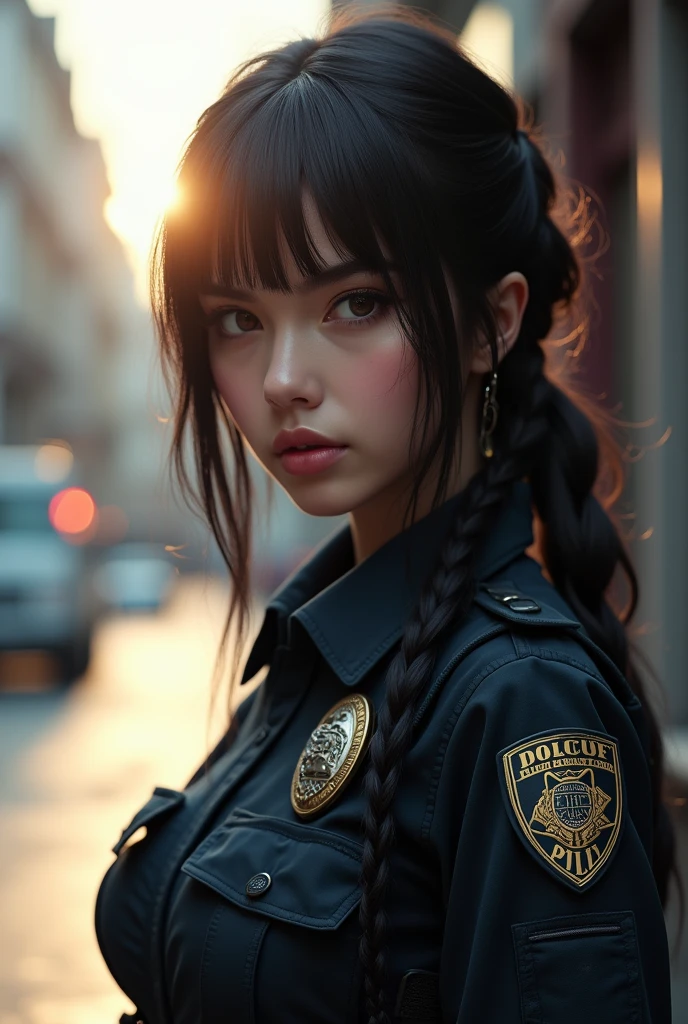 ((((masterpiece, best quality, high resolution)))), Extremely detailed 8K, 1 female, (Police Officer) wearing a cyberpunk police uniform and gear, (Ultra HD, Ultra-detailed, Highly detailed, Highly realistic, Ultra-realistic, photograph realistic), (1girl:1.5), (Realistic black hair), (dynamic poses), facing at camera, looking at viewer, (a serious focus face), (regular black eyes, sharp eyes), (perky breasts:1.2), (beautifully detailed face, beautiful detailed eyes), ((preparing for a police patrol)), (streets background), sweat, glow, (sunbeam, sunlight), ((cowboy shot)), seductive, EnvyBetterHands LoCon,