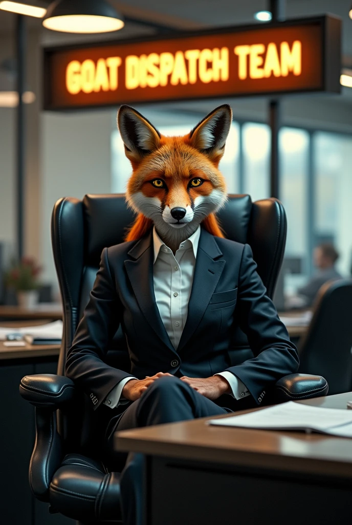 Serious fox girl with suit sitting on chair in the office under the letter of "GOAT DISPATCH TEAM"