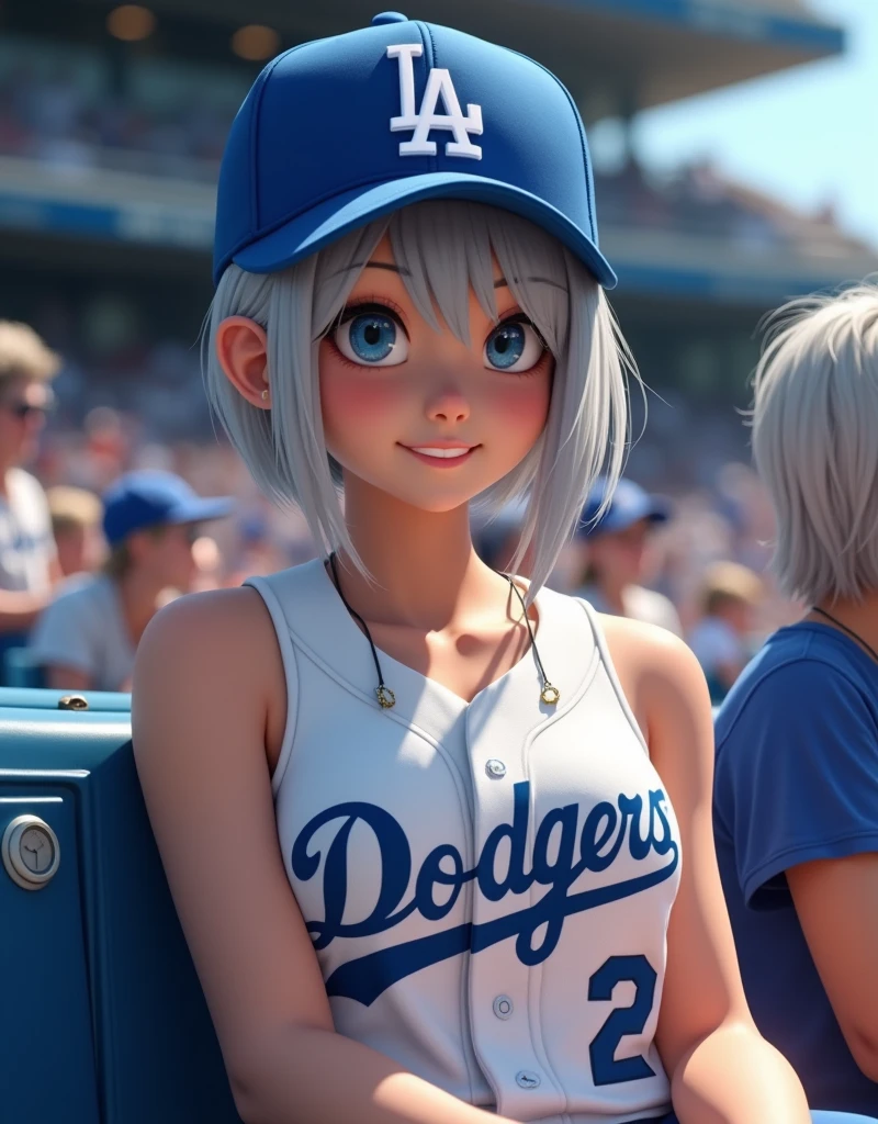 (RAW photo, best quality, masterpiece: 1.2), (photorealistic: 1.4), best lighting, 20 years old, (light gray hair, short cut, hair over ear, Symmetrical eyes, fair skin, solo, Detailed Skin, Detailed Background:1.2),　Front view, smiling, angle from field to spectator seating, sitting in the bleachers at a baseball stadium watching the game, holding an iPhone 15 Pro in one hand, lots of spectators, wearing a Los Angeles Dodgers baseball cap, an open Los Angeles Dodgers uniform, a white tank top underneath, large breasts, accessories, hair tied back, daytime, exposed to sunlight