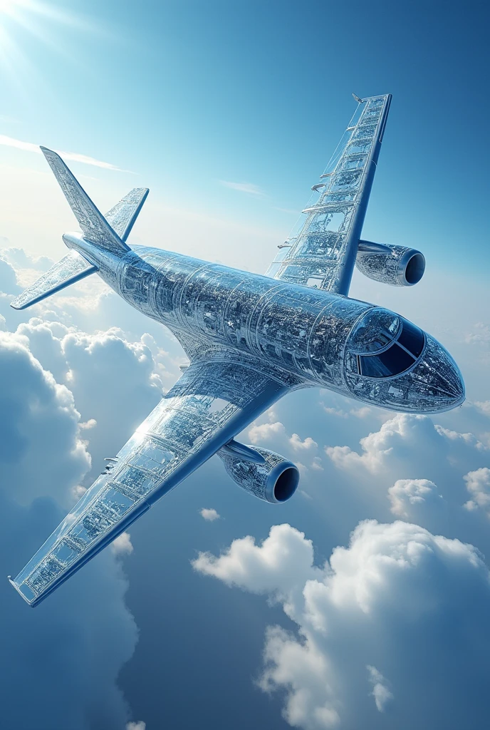 (cover page), real, aircraft or spacecraft,magazine cover, aerospace, creative, gives a feel of being aerospace engineer,classic image, superiority of aerospace industry, , left side of image skeleton , right side of the image external structure, patches of showing internal parts of the aircraft, point of view as 30 degree to front view, sky background