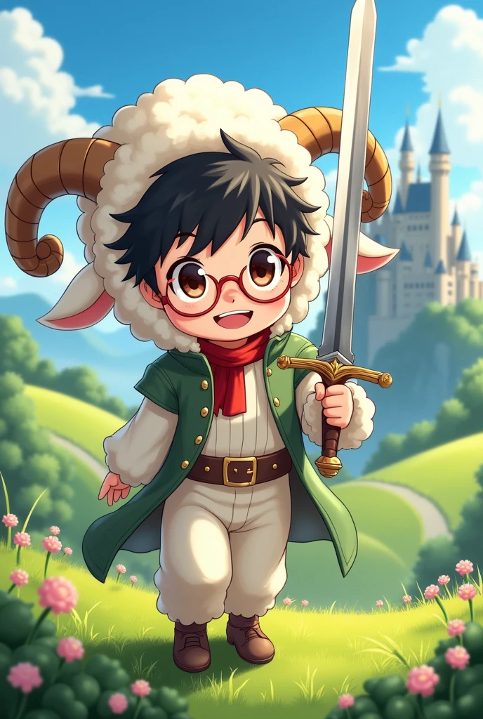 Anime style, a young boy dressed as a sheep with glasses, acting as a butler.、A young warrior boy dressed as a sheep carrying a legendary sword