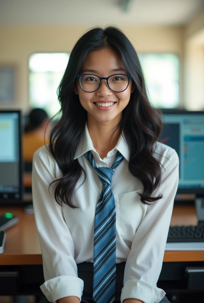 (Masterpiece),(complication:1.3),(Realistic),Portrait of a woman,Small and cute,18 years old,Has a delicate and beautiful Thai face,long black hair,Javelin eyes,Wearing cute glasses,Blue eyes,smiling,be happy,(Wear a long-sleeved white shirt with a light blue and dark blue striped tie, but the blue is less than the light blue.(The tie has only two colors, no other colors are mixed, and it has a single waterline.)),Wear a short skirt,Wear a blue student ID card strap with the college name on the strap, written as(Khon Kaen Vocational College),Look ahead,Passed through her computer,(In a computer room),warm light,Showing some sunlight,Professional photographer in capturing detailed images of young women,Have clarity,dramatic,Awarded globally,Cinematic lighting,(film grain,Blurred background,Blurred background,bokeh,depth of field)