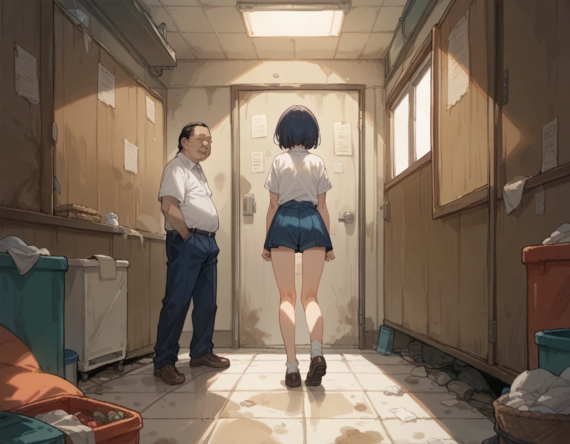 in a dirty room、A high school girl gets raped from behind by a fat, ugly middle-aged man