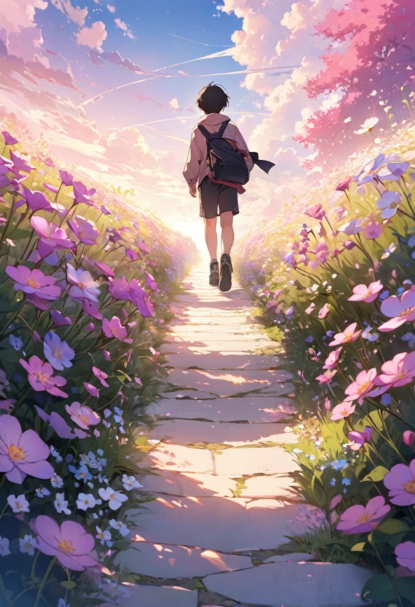 a boy is walking in the path and the sides of the path is full of small flowers and the sky is pink and purple