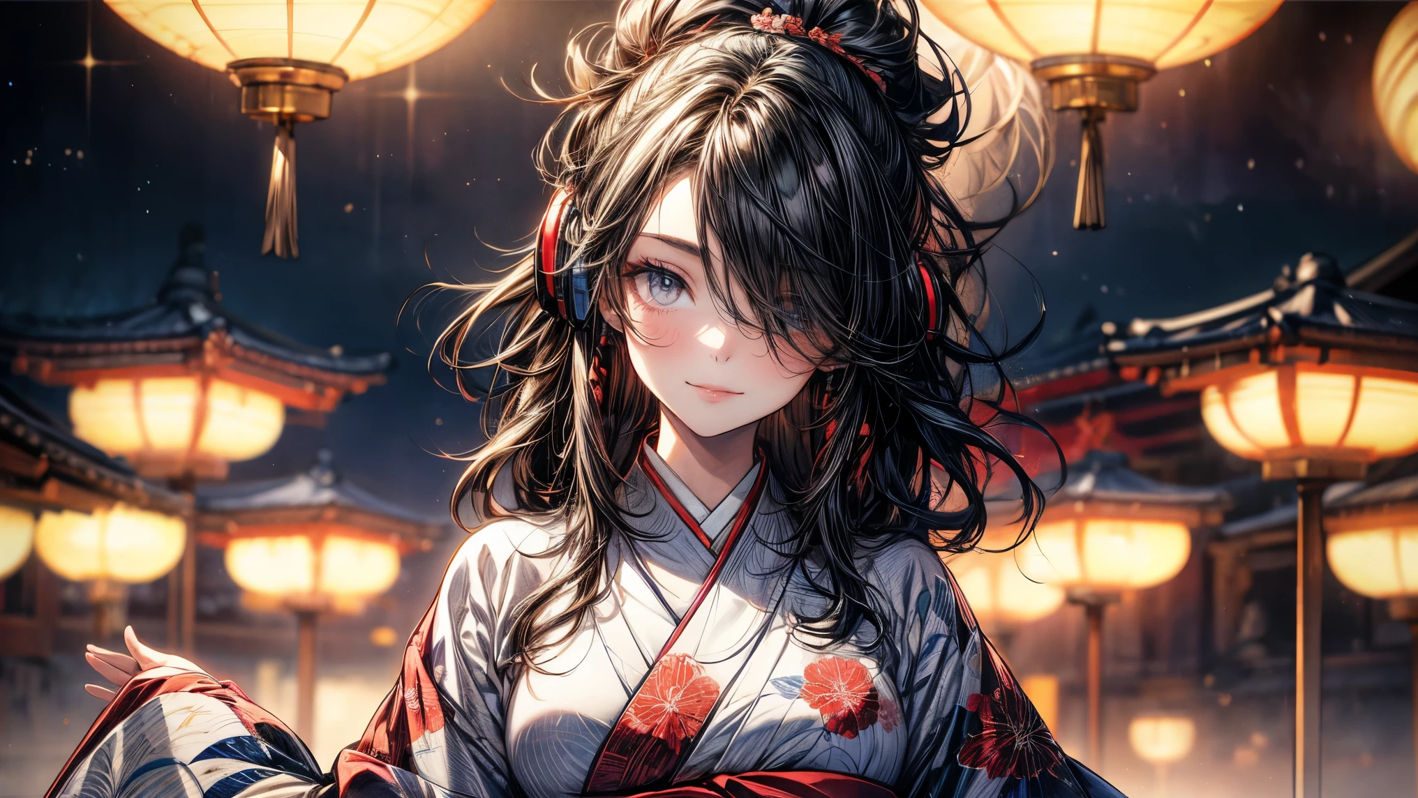 (Masterpiece, best quality), (ultra high resolution, 8K RAW photo, photo realistics:1.5, textile shading, pale tones, thin outline), woman in a kimono, (wearing light purple hanfu:1.2), (wearing japanese kimono:1.2, traditional japanese, japanese clothes), (classy yukata clothing, flowers printing in clothes), wearing a haori, (milf:1.5, 20 years old, solo), (narrow waist, curvy bodies), (medium hair, hair over one eye, asymmetric hair, half updo hair), (bright pupils, detailed eyes, high detailed face, half closing eyes), eye rush, (smiling, shamed), (looking at viewers:1.3), (dynamic angle, from little above:0.7), (correct anatomy:1.5, correct hands), (ideal ratio of body proportions), ((background: night, starry sky)), ((headphones)), ((ukiyo-e style)),