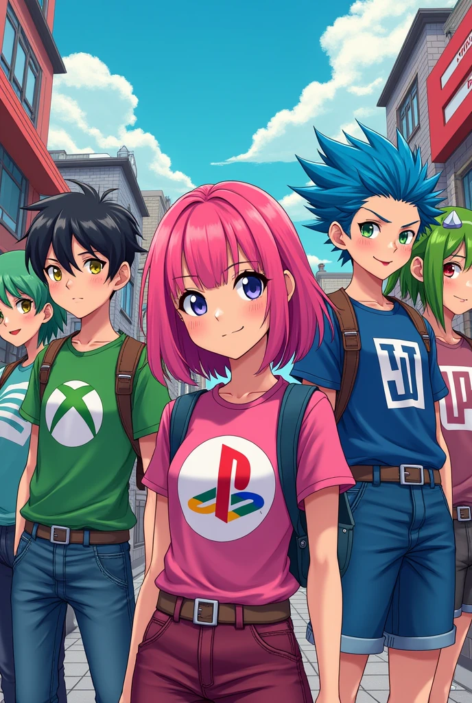 Une fille le logo PlayStation. I'm with a boy who wears the Xbox logo, a girl who wears the Nintendo logo, and a boy friend who wears the Steam logo, manga version.
