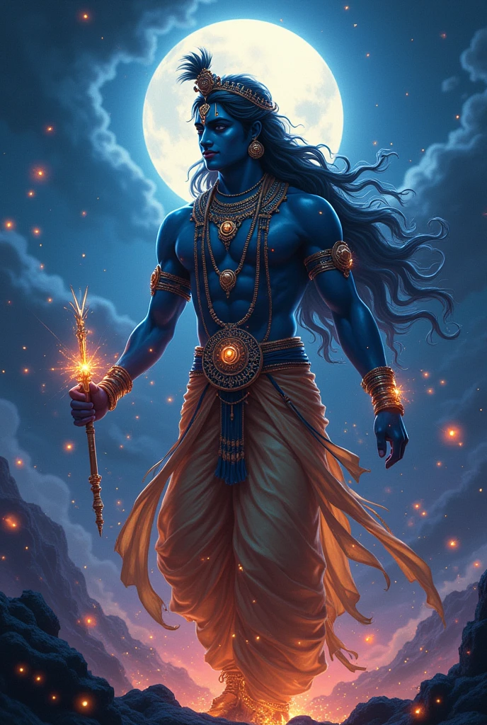 Surreal landscape under moonlight, Features lors sri krishna and faceless features. Glowing glyphs and symbols enhance the silhouette, This is emphasized by the character's large viswaroopam and long hair with wearing all beautiful ornament. Add anime style and more thick and brightfull color