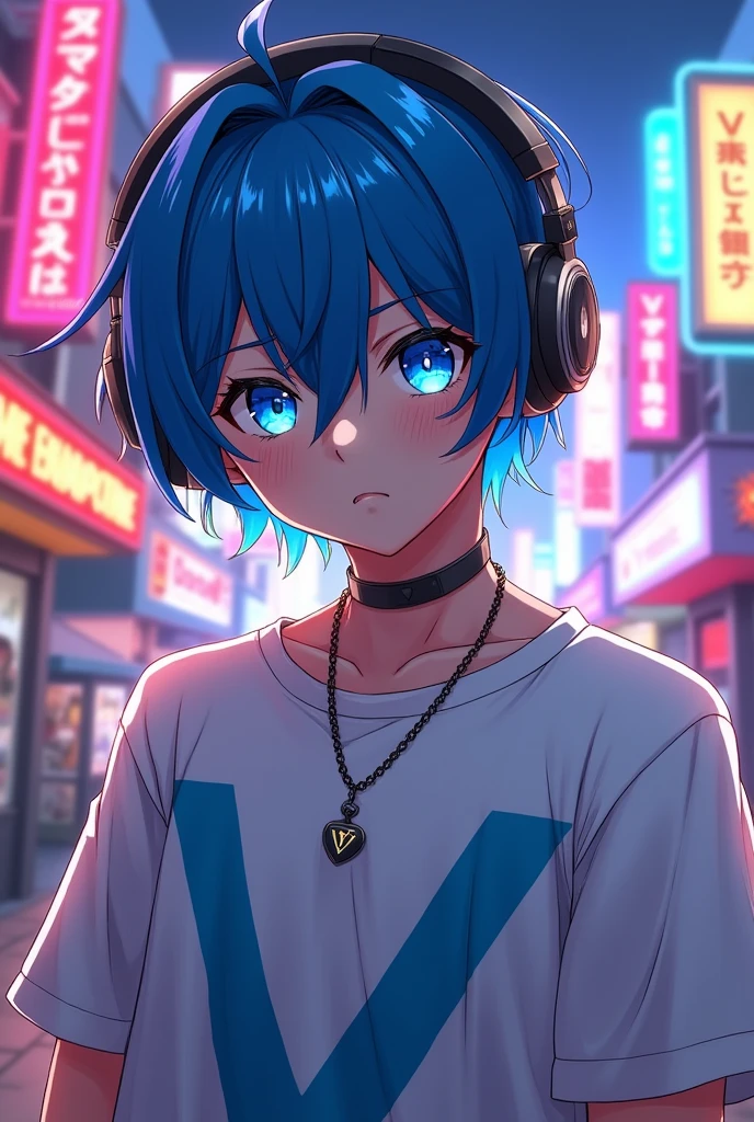 Handsome boy anime add headphone and blue hair shining add v locket add designed v t-shirt 17year boy add blue fire eyes