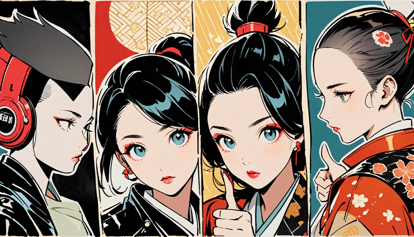(((Ink Painting))), (((From above))), (((3 women))), (((Leather jacket with Japanese patterns))), (((Mohawk))), (((Very flashy makeup))), (((finger gun))), Japanese style headphones, Face close-up, Front view, Japan人の美少女, Black Hair, Delicate and precise, Modern ukiyo-e style,Japan, Droopy eyes, Round face, Glare, Fuller lips, Bright colors