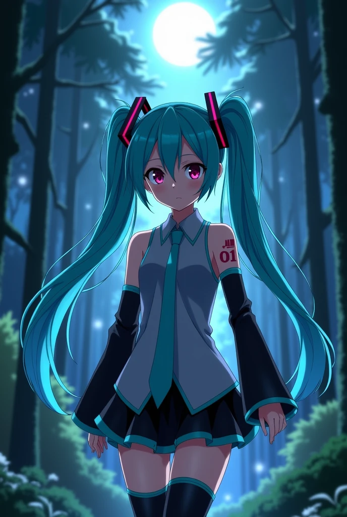 Anime art, anime style, detailed drawing, beautiful forest background background, high definition, high quality, one girl, solo, Hatsune Miku, aqua hair, twin tails, headphones, number tattoo "01" (red, located on her right hand), grey sleeveless collared shirt, black detached sleeves with aqua lines, five fingers with aqua nails, aqua necktie, black pleated mini skirt with aqua lines, zettai ryouiki, thigh-high black boots with aqua lines.
Get example from this image: https://www.nippon.com/en/japan-topics/g01038/
Miku Hatsune walking alone in the night; there is a ghost following her behind