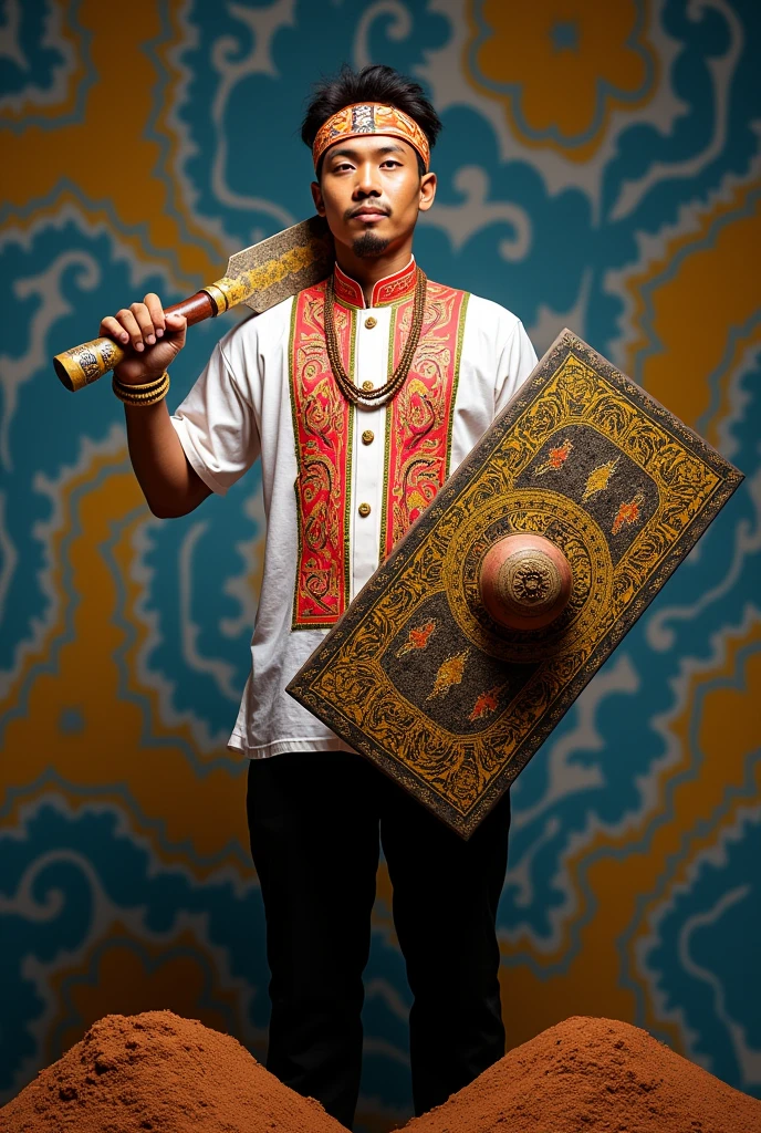 Hyperrealistic, 28-year-old Indonesian man dancing, detailed and culturally rich illustration featuring the main character dressed in traditional Tobelo Maluku clothing and wear Sundanese headband. The figure should be wearing a white shirt with intricate red and yellow details and black pants. In his left hand, the figure holds a ceremonial machete with an ornate hilt, while in his right hand he holds an elaborate traditional royal rectangular shield, symbolizing authority and leadership. His face is detailed, and his posture should convey confidence and readiness, with a slight forward lean. The background should include swirling blue and yellow patterns, suggesting movement or dance, and two brown mounds in the foreground that resemble hills or mountains. The overall look should exude cultural pride and leadership, emphasizing traditional elements and ceremonial objects. Use soft photographic lighting. overhead lighting, slide lighting, high quality photo, UHD, 64k. taken with Canon EOS 5D Mark IV, cinematic portrait,