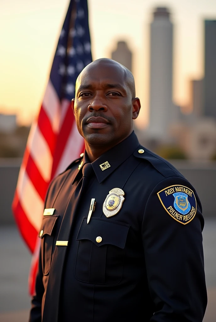 (photorealism:1.2), A portrait of a black American LAPD officer with the rank of Senior Lead Officer next to an American flag