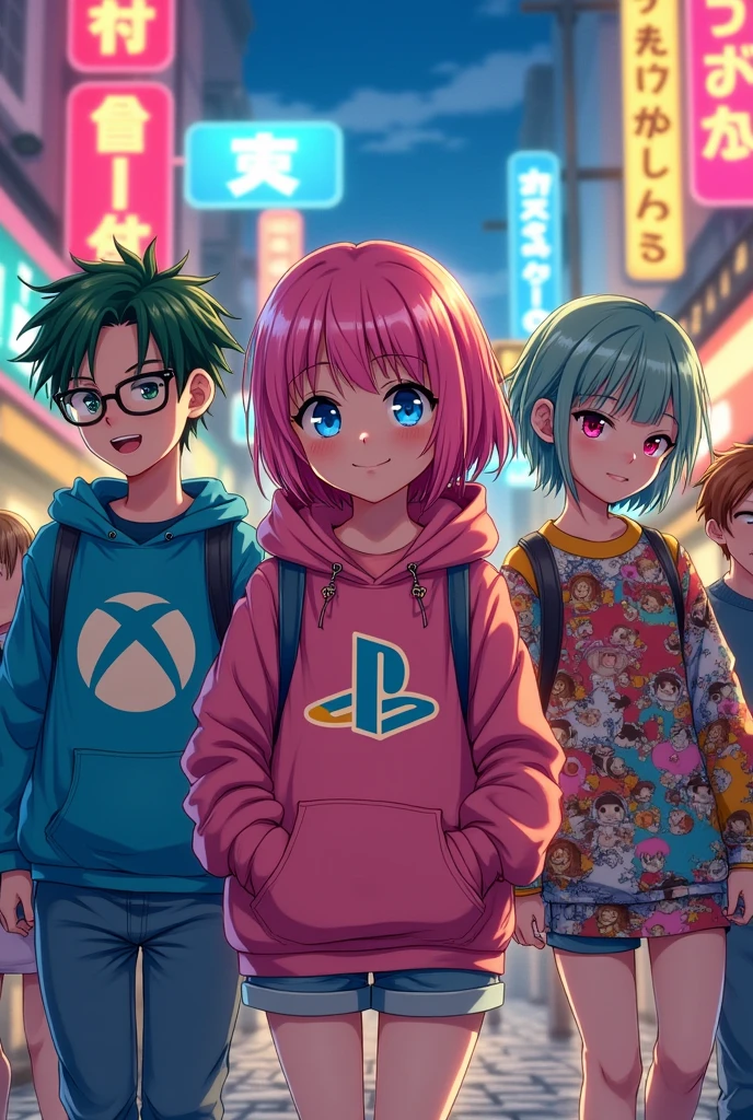 Une fille le logo PlayStation. I'm with a boy who wears the Xbox logo, a girl who wears the Nintendo logo, and a boy friend who wears the Steam logo, manga version.