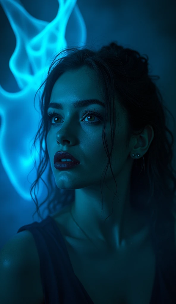 unreal engine:1.4,UHD,The best quality:1.4, fotorrealist:1.4, skin texture:1.4, masterpiece:1.8,(((beautiful woman Aesthetic horror,blue fire, portrait,beautiful detailed eyes,beautiful detailed lips,long eyeslashes,Dark shadows,deep look,macabre beauty,grotesque elegance))),(dynamic pose:1.0),ashamed,(centered,Scale to fit dimensions,rule of thirds) Paisaje surrealist,Nightmare visions,Psychological torment,Madness and beauty,Horror sublime,Obsidian Abyss,Forbidden secrets,Cryptic whispers,Hallucinatory dreams,blue background,(The best quality,4k,8k,High Resolutions,masterpiece:1.2),ultra detailed,(realist,fotorrealist,fotorrealist:1.37)