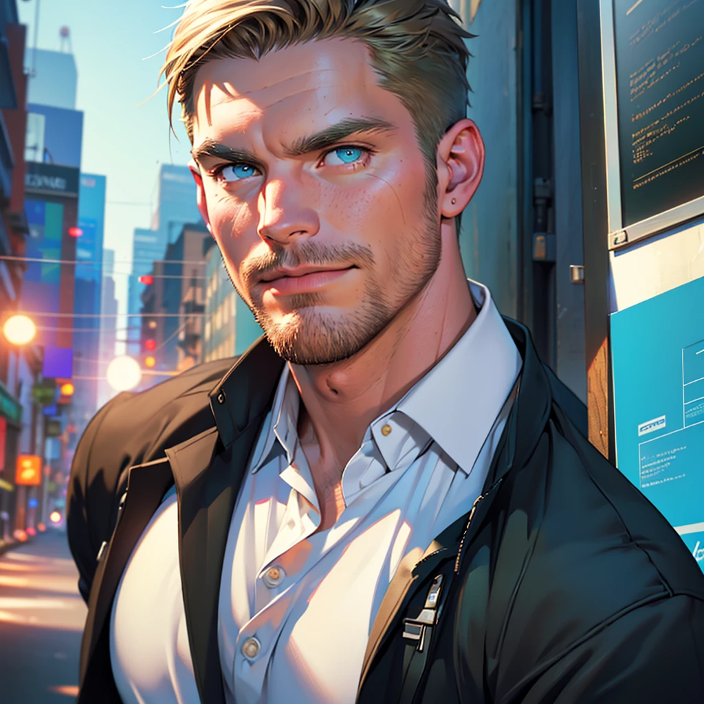 (Best Quality,32k,high resolution,Masterpiece:1.2),ultra detailed,(realist,photorealist,photo-realist:1.37),1 man Stephen Amell,45 years,mature man,very handsome with well groomedfacialhair,without expression,muscled body,short dark blond hair,Blue green eyes,glare,perfect face without mistakes,imposing posture,businessman,office background,cinematic lighting,imagen HDR