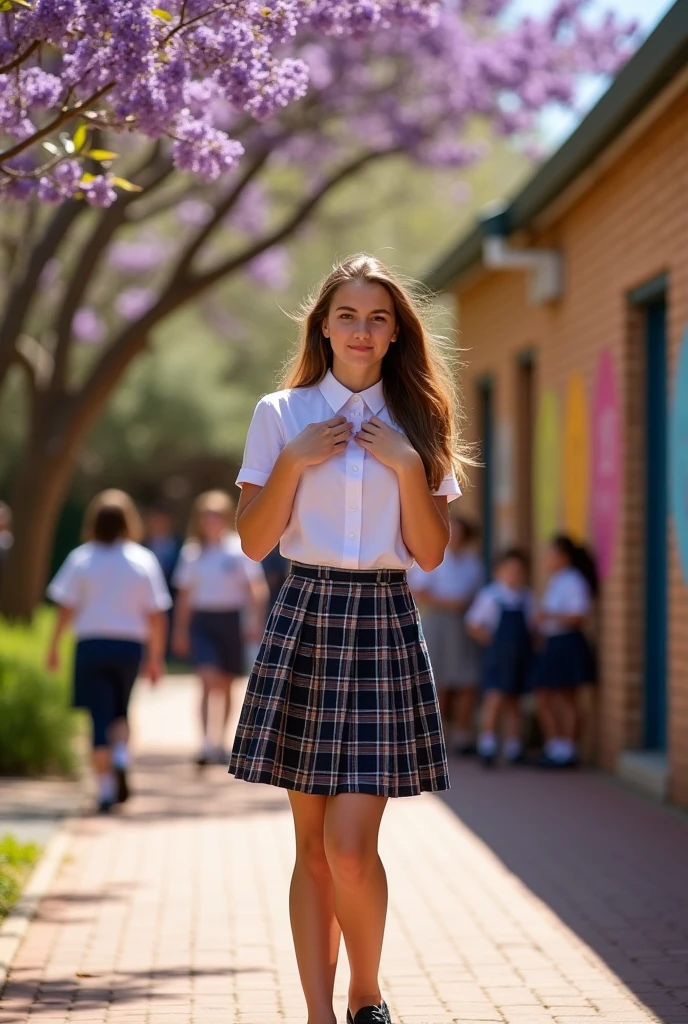 teen girl in Australian highschool uniform making a hand bra
