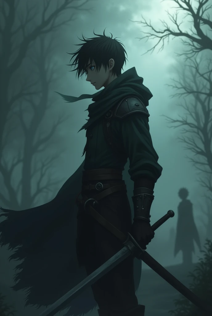 Draw a man like Kirito who is wearing a tattered hood that hides his eyes. Make him lightly equipped, handsome, and young. Draw him with the hood hiding his eyes, making him thinner and more anime-like. Draw him as Kirito from Sword Art Online, without any equipment but with a hood, and reduce the exposure of his clothes. Give him a sword on his waist.