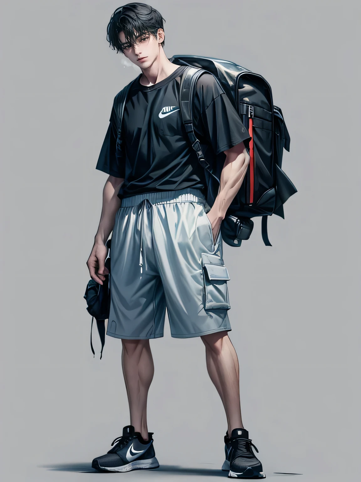 8k, best quality, young man wearing a loose black shirt，Put your left hand in your pants pocket。he is wearing a pair of sports shorts and Nike air sneakers，Carrying a backpack，A tall man with a height of 1.85 meters，Have a pair of slender legs。Squinting his eyes, emotionless, no emotion, he doesn't care。He has a black short hairstyle and greyish blue eyes