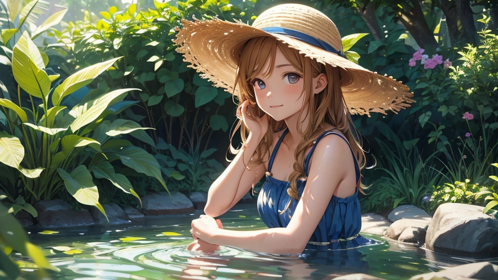 Midsummer sun、A beautiful girl playing with water in the garden.、one piece、Straw hat, 8K Ultra HD, RAW Photos, Digital Painting, Super detailed, Golden Ratio