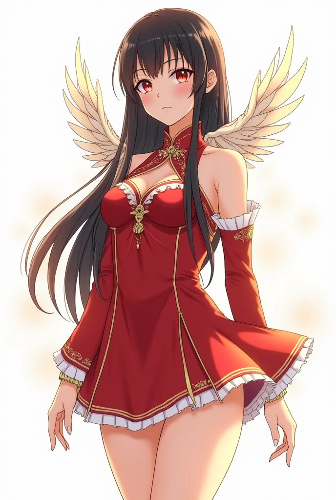 Imagine full-body illustration of an anime female character with solid black hair and a slim body, standing against a white background. She has striking red eyes and is dressed in a Korean school outfit, primarily red with white and gold feather details. The character appears to be around 23 years old, and she strikes a confident Both of her slim hands are clearly visible, and she is accompanied by a pair of large, prominent feathers. A subtle golden effect enhances the background, complementing her appearance.