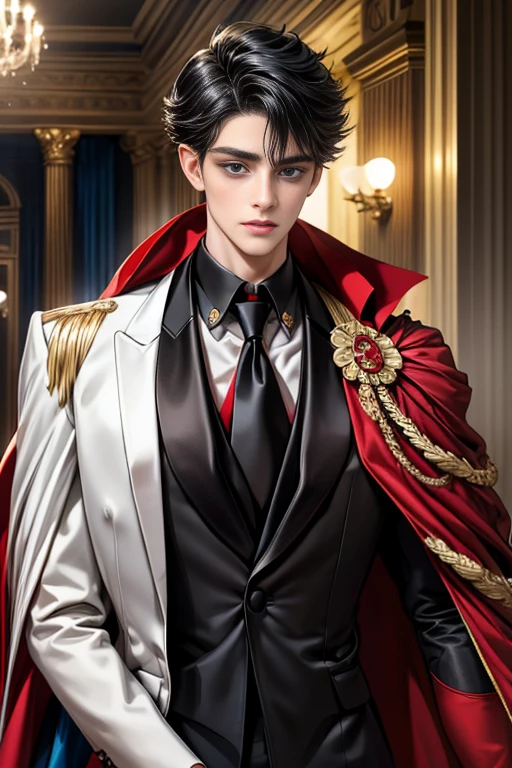 masterpiece, 最high quality, high quality, 1 boy, alone, Male focus, Upper Body,Watching the audience, Messy black hair, Adorable big blue eyes, White, Noble, Noble,A black and red cape that is bursting with sexy volume、Tuxedo、A very voluminous, large, very large, very large, long, long red and black cape with a high stand-up collar, made of a lot of fabric that reaches down to the floor., ,cute beautiful,Cute, cute, kind, handsome guy