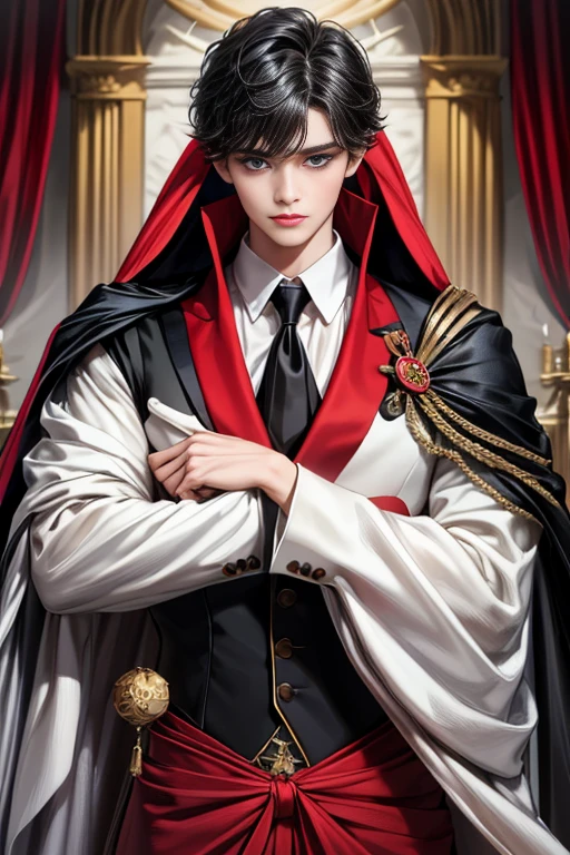 masterpiece, 最high quality, high quality, 1 boy, alone, Male focus, Upper Body,Watching the audience, Messy black hair, Adorable big blue eyes, White, Noble, Noble,A black and red cape that is bursting with sexy volume、Tuxedo、A very voluminous, large, very large, very large, long, long red and black cape with a high stand-up collar, made of a lot of fabric that reaches down to the floor., ,cute beautiful,Cute, cute, kind, handsome guy