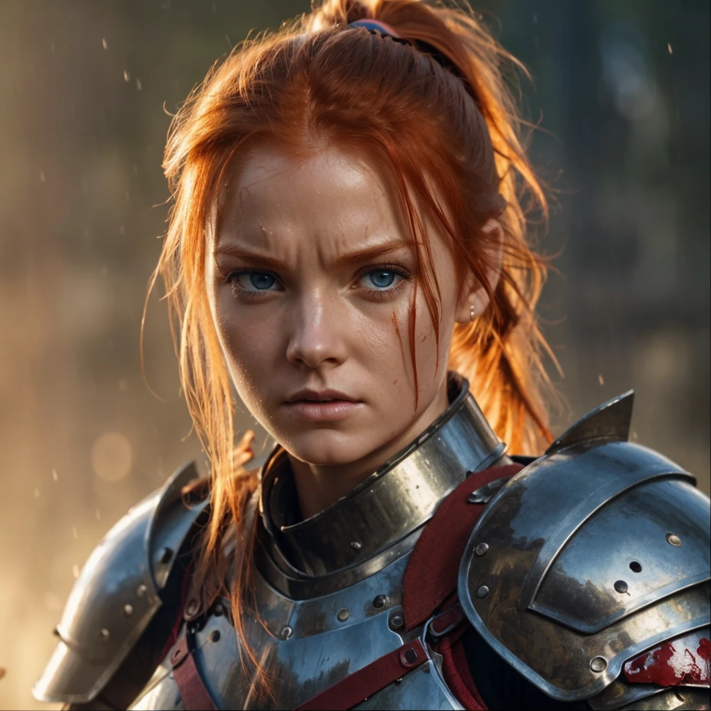 8k, high detail, photo, DSLR, short focal length, girl, ginger hair, ponytail, high detail eyes, angry, knight armour, light attenuation, rain, blood on face, cut, bleeding, battle damaged armour, wet.
