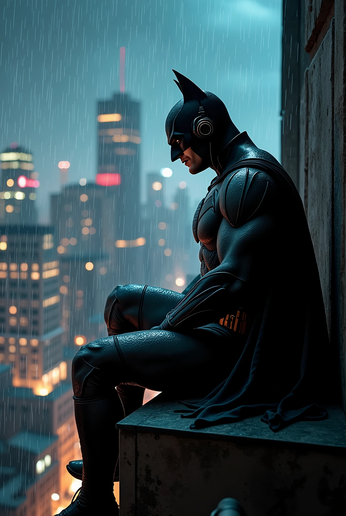 at night Batman just chilling on top of the building listening to music while it's raining heavily. In the background we see city skyline at night. Cozy