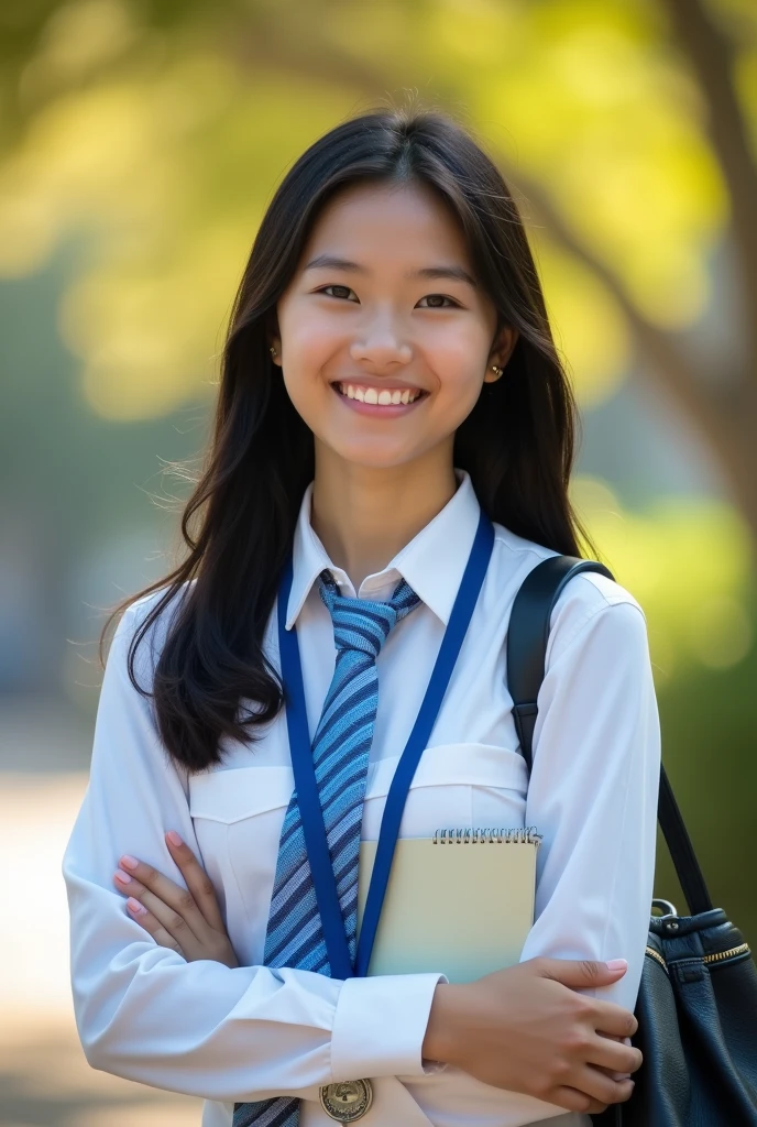 (Masterpiece),(complication:1.3),(The most realistic),((not revealing or provocative)),(Dress appropriately and neatly.),(A student), A portrait of a woman, 18 years old, beautiful face, beautiful faceแบบไทย ,long black hair ,smiling and happy, holding a notebook, Thai person ((wearing a white long-sleeved collared shirt)), ((Wear a blue lanyard with white lettering that says "kalasin Vacational School")), ((Wear a blue tie ,The tie has only two colors: light blue for the tie itself and dark blue for the stripes.,not too many intricate patterns and not too complex, just a single blue line pattern)) Dressed simply,warm light, weak sunlight, professional photographer for detailed photos, Have clarity, dramatic, Awarded first prize, Cinematic lighting, (film grain,A blurry background, Blurred background, bokeh, depth of fied)
,(Children under 18 years old can watch.)