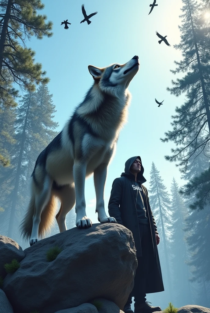 A wolf standing on the rock with the side of man also standing on rock looking towards the sky ,the man wearing black Mask looking downward and hide face with Coat cap that come from head,
at shirt name is Shan with white color background is forest with long trees and blue sky, make more realistic and some black birds fly in the background make more real