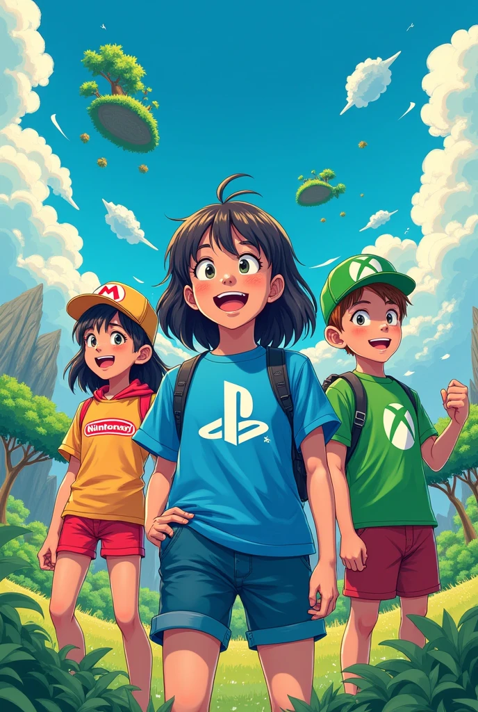 Une fille le logo PlayStation. I'm with a boy who wears the Xbox logo, a girl who wears the Nintendo logo, and a boy friend who wears the Steam logo, manga version.