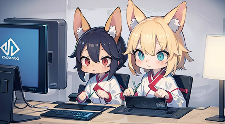 Cute animals working on their computers The body is human 1 male Asagao's bright computer room illustration high resolution