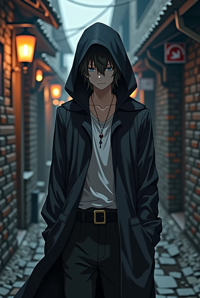 Draw a man who looks like Kirito from Sword Art Online, wearing a tattered hood that hides his eyes. He should be lightly equipped, handsome, and young. Make him thinner, with his eyes hidden by the hood, and give him a more anime-like appearance. Make him look like Kirito from Sword Art Online, but without any equipment, only wearing a hood. Reduce the amount of skin showing on his clothing.