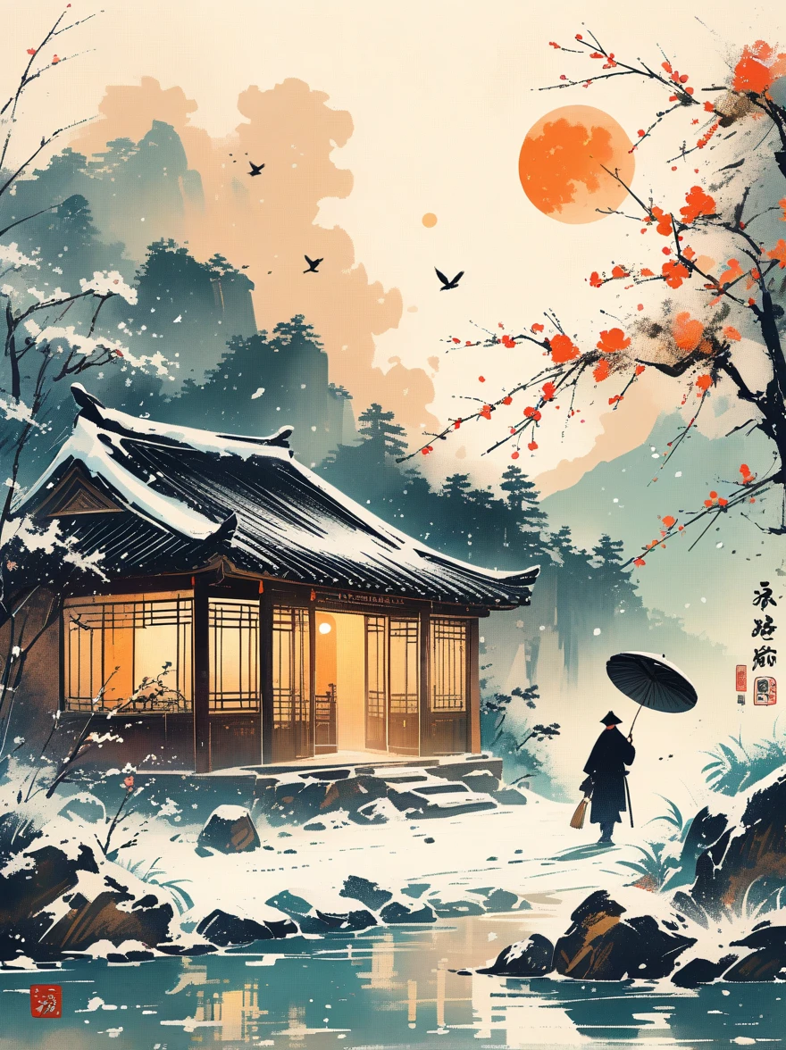 Ink Painting,plum bossom,Bright Moon,Flying snow,Ultra HD resolution,Hand-drawn style,majestic,Natural light,
