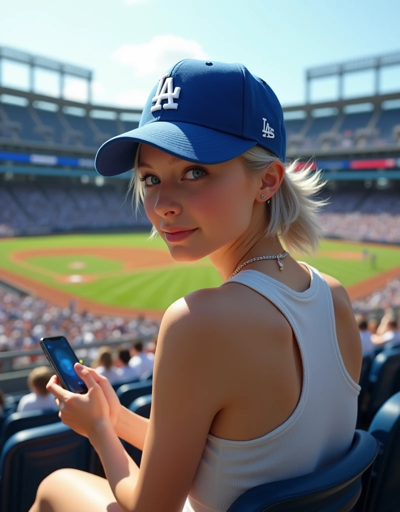 (RAW photo, best quality, masterpiece: 1.2), (photorealistic: 1.4), best lighting, 20 years old, (light gray hair, short cut, hair over ear, Symmetrical eyes, fair skin, solo, Detailed Skin, Detailed Background:1.2), Front view, smiling, angle from field to bleachers, sitting in bleachers at baseball stadium watching the game, holding iPhone 15 Pro in one hand, large crowd, wearing Los Angeles Dodgers baseball cap, white tank top, large breasts, accessories, hair tied back, daytime, exposed to sunlight