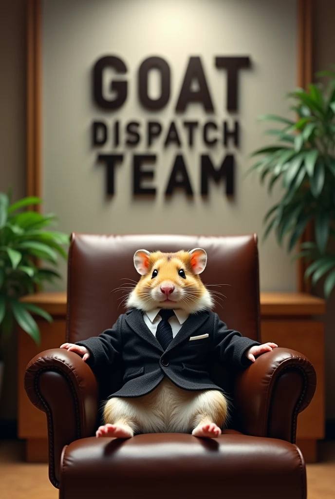 Serious Hamster with suit sitting on chair in the office under the letter of "GOAT DISPATCH TEAM"