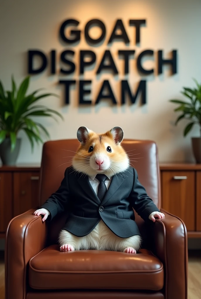 Serious Hamster with suit sitting on chair in the office under the letter of "GOAT DISPATCH TEAM"