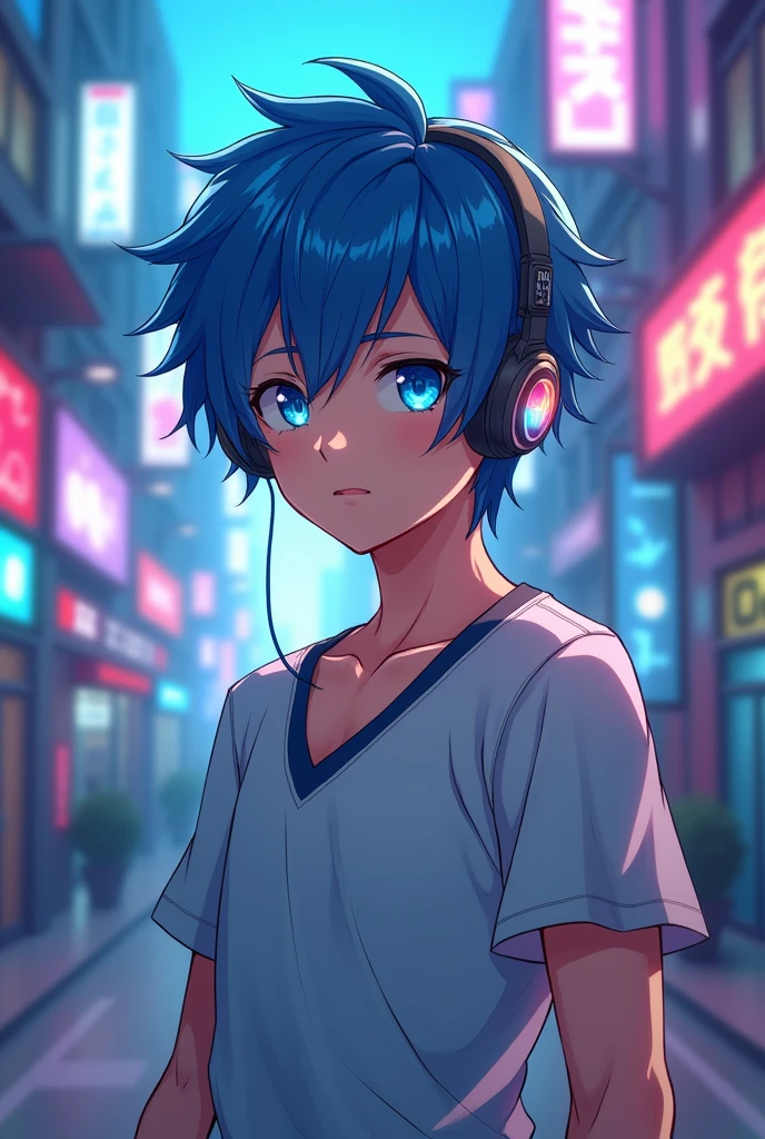 Handsome boy anime add headphone and blue hair shining add v locket add designed v t-shirt 17year boy add blue fire flow eyes